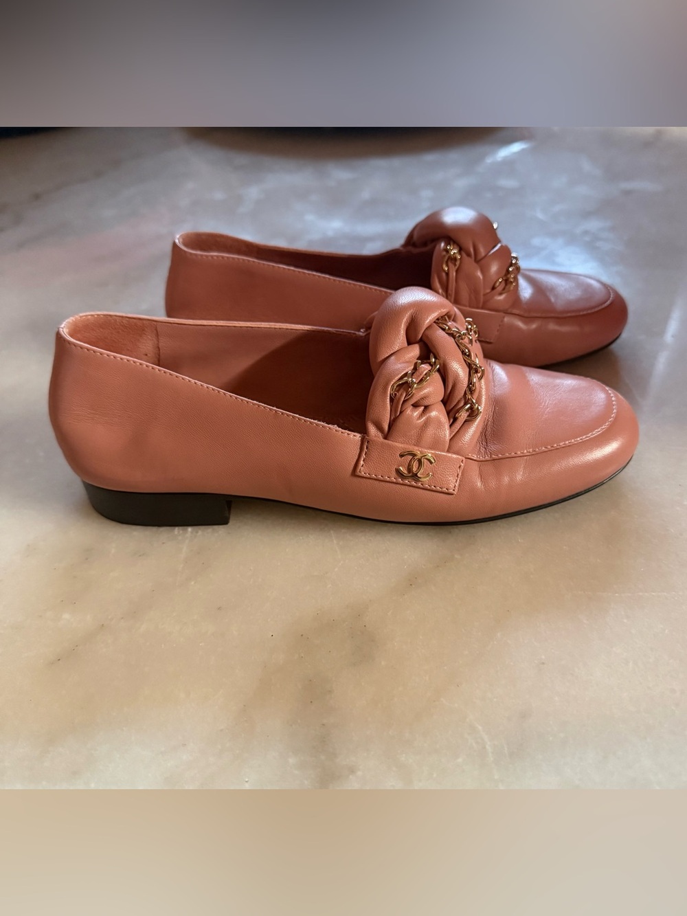 CHANEL Rose Pink Leather Braided Chain Loafers
